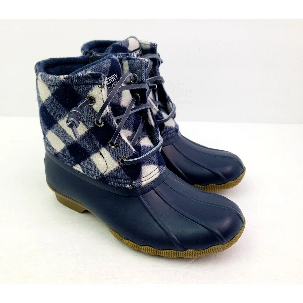 Sperry Top Sider Saltwater Youth Size 1Y Blue Plaid Wool Waterproof Duck Boot